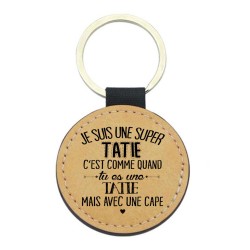 Porte-clés cuir végan marron - Cadeau - Imprimé en France - Je suis une super tatie avec une cape