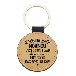 Porte-clés cuir végan marron - Cadeau - Imprimé en France - Je suis une super nounou avec une cape