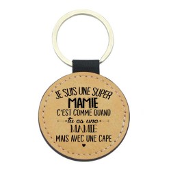 Porte-clés cuir végan marron - Cadeau Fête des grands mères- Imprimé en France - Je suis une super mamie avec une cape