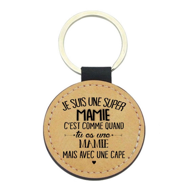 Porte-clés cuir végan marron - Cadeau Fête des grands mères- Imprimé en France - Je suis une super mamie avec une cape