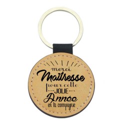 Porte-clés cuir végan marron - Cadeau - Imprimé en France - Merci maitresse pour cette jolie année en ta compagnie