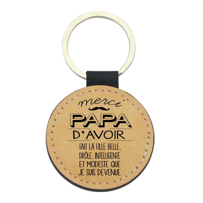 Porte-clés cuir végan marron - Cadeau fête des pères - Imprimé en France - humour merci papa d'avoir fait