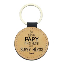 Porte-clés cuir végan marron - Cadeau fête grand pères- Imprimé en France - Je suis un papy aussi un super héros