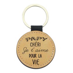 Porte-clés cuir végan marron - Cadeau fête des grands pères- Imprimé en France - Papy chéri je t'aime pour la vie