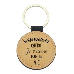 Porte-clés cuir végan marron - Cadeau fête des Mères- Imprimé en France - Maman chérie je t'aime pour la vie