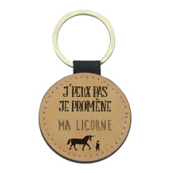 Porte-clés cuir végan marron - Cadeau fête des Mères- Imprimé en France - je promène ma licorne