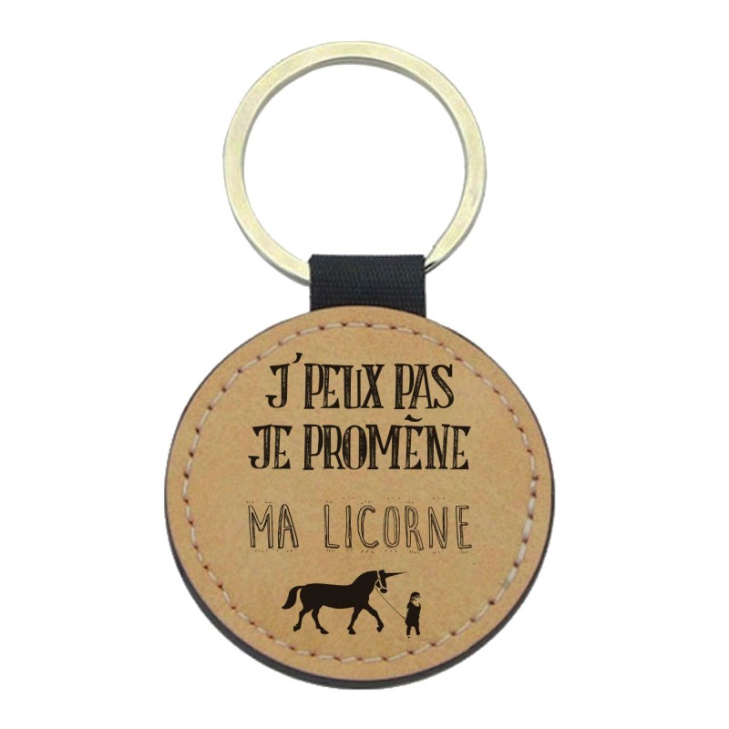 Porte-clés cuir végan marron - Cadeau fête des Mères- Imprimé en France - je promène ma licorne