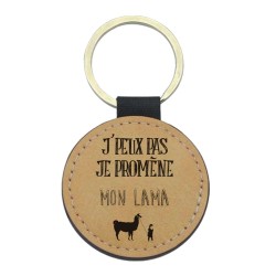 Porte-clés cuir végan marron - Cadeau - Imprimé en France - je promène mon lama