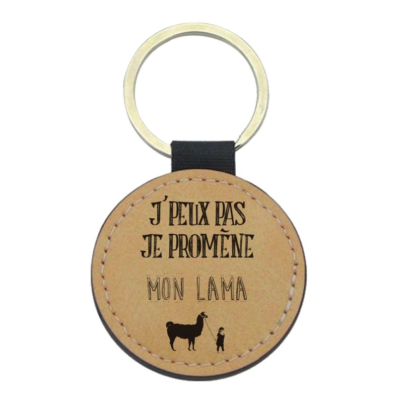 Porte-clés cuir végan marron - Cadeau - Imprimé en France - je promène mon lama
