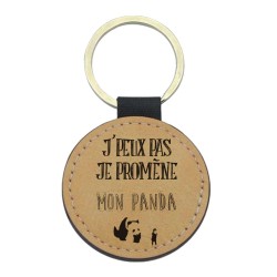 Porte-clés cuir végan marron - Cadeau - Imprimé en France - je promène mon panda