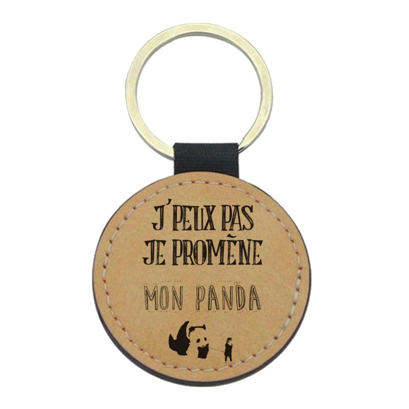 Porte-clés cuir végan marron - Cadeau - Imprimé en France - je promène mon panda