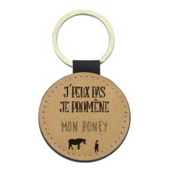 Porte-clés cuir végan marron - Cadeau - Imprimé en France - je promène mon poney