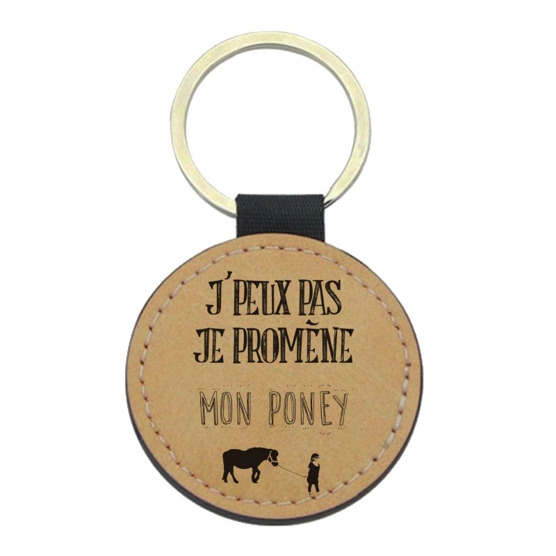 Porte-clés cuir végan marron - Cadeau - Imprimé en France - je promène mon poney