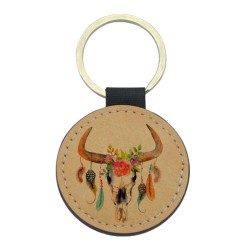 Porte-clés cuir végan marron - Cadeau - Imprimé en France - illustration hippie chic
