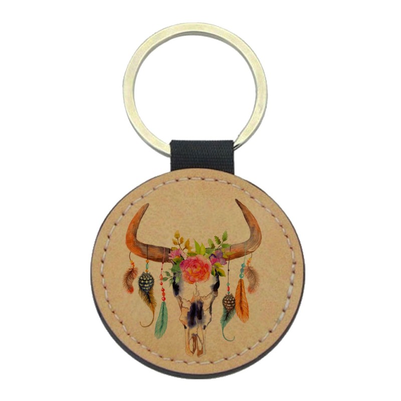 Porte-clés cuir végan marron - Cadeau - Imprimé en France - illustration hippie chic