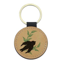 Porte-clés cuir végan marron - Cadeau - Imprimé en France - illustration hirondelle