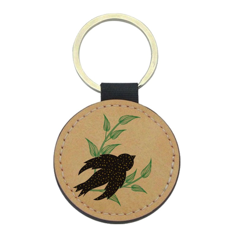 Porte-clés cuir végan marron - Cadeau - Imprimé en France - illustration hirondelle