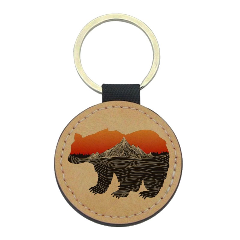 Porte-clés cuir végan marron - Cadeau - Imprimé en France - illustration ours