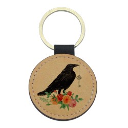 Porte-clés cuir végan marron - Cadeau - Imprimé en France - illustration corbeau