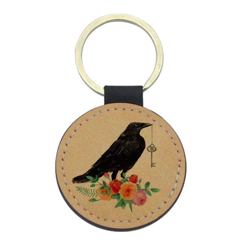 Porte-clés cuir végan marron - Cadeau - Imprimé en France - illustration corbeau