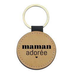 Porte-clés cuir végan marron - Cadeau - Imprimé en France - citation maman adorée