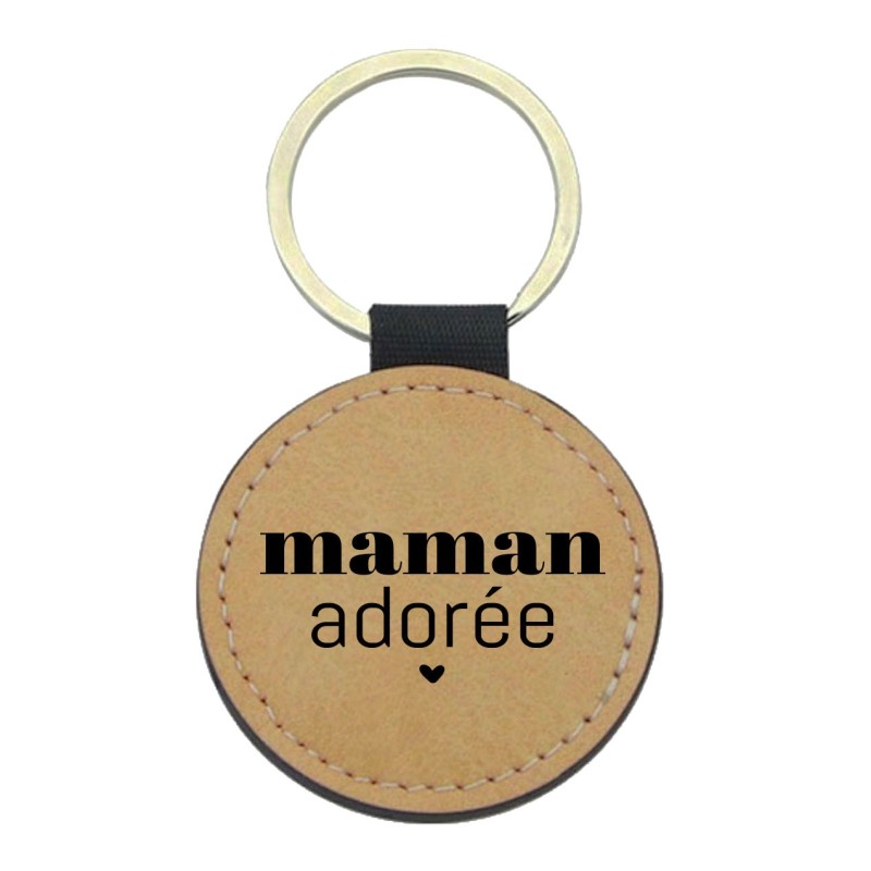 Porte-clés cuir végan marron - Cadeau - Imprimé en France - citation maman adorée