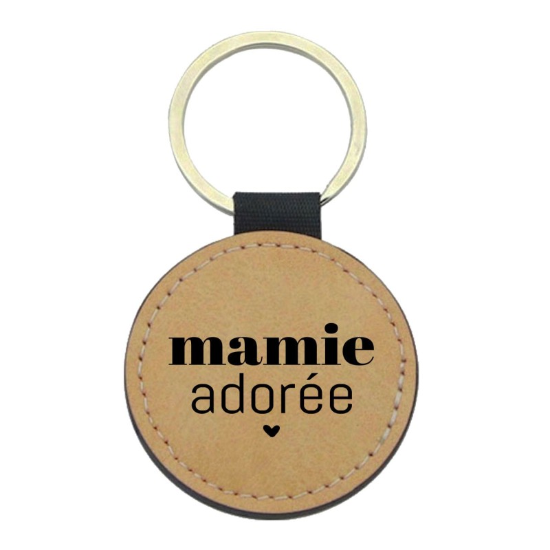 Porte-clés cuir végan marron - Cadeau - Imprimé en France - citation mamie adorée