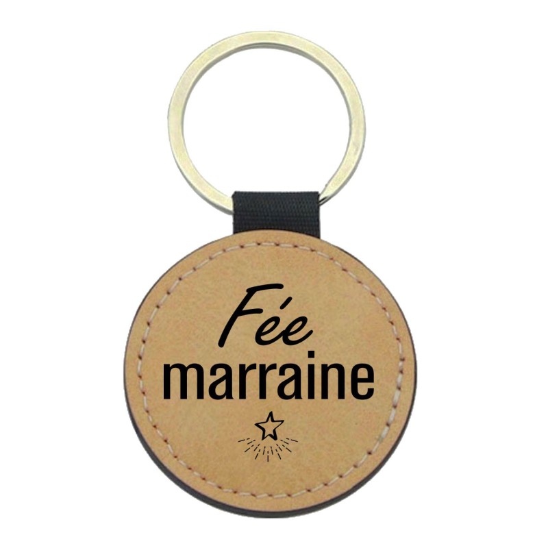 Porte-clés cuir végan marron - Cadeau - Imprimé en France - citation fée marraine