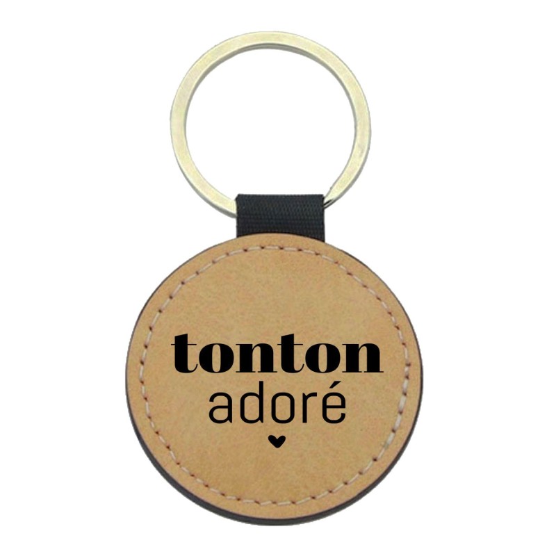 Porte-clés cuir végan marron - Cadeau - Imprimé en France - citation Tonton adoré
