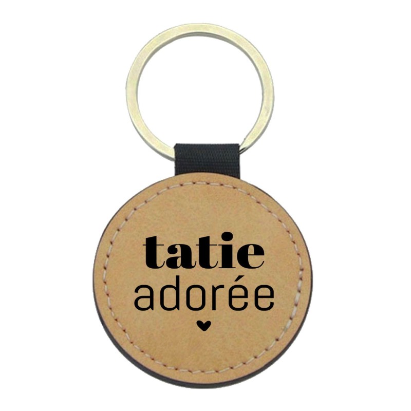 Porte-clés cuir végan marron - Cadeau - Imprimé en France - citation tatie adorée