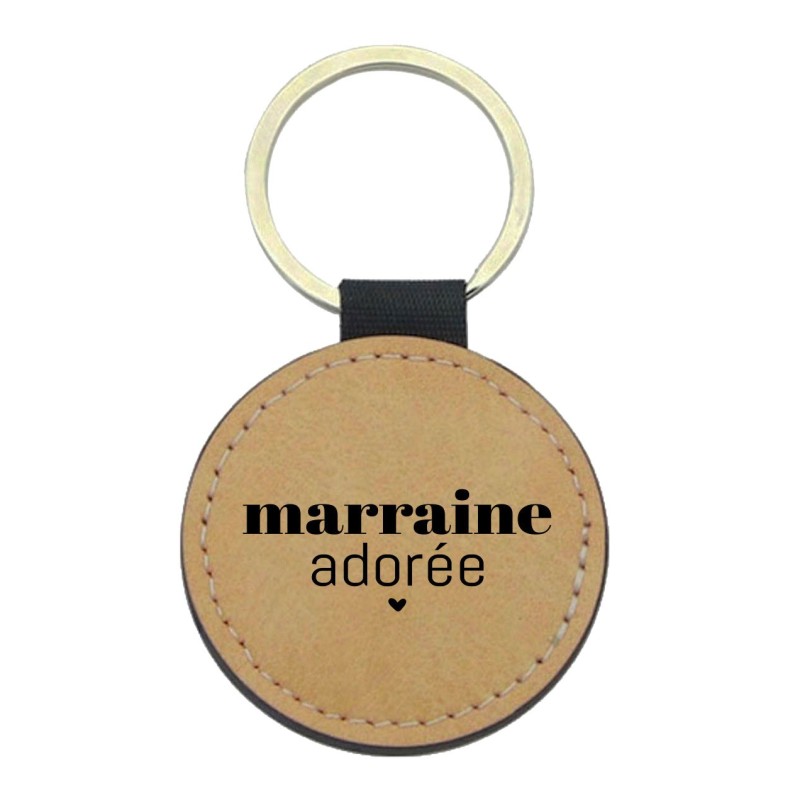 Porte-clés cuir végan marron - Cadeau - Imprimé en France - citation marraine adorée