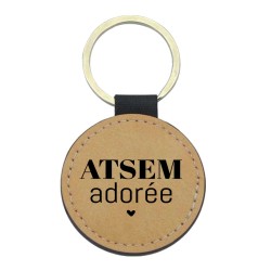Porte-clés cuir végan marron - Cadeau - Imprimé en France - citation ATSEM adorée