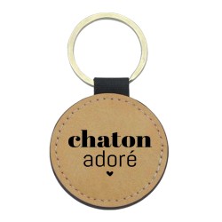 Porte-clés cuir végan marron - Cadeau - Imprimé en France - citation chaton adoré