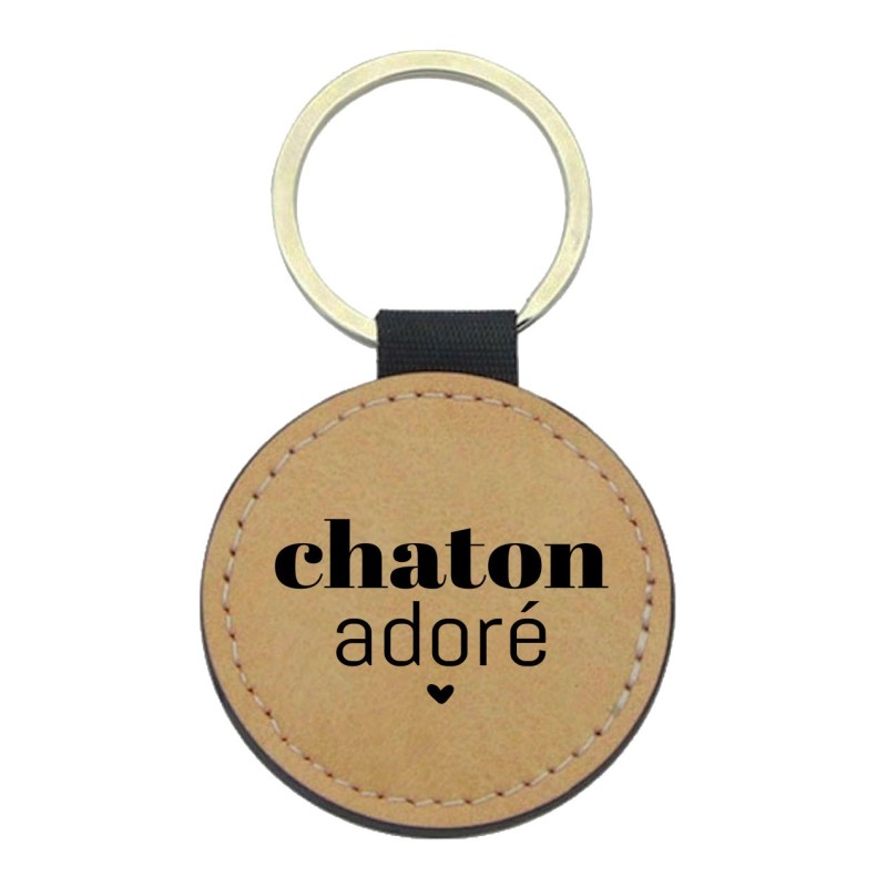 Porte-clés cuir végan marron - Cadeau - Imprimé en France - citation chaton adoré