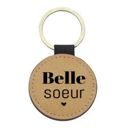 Porte-clés cuir végan marron - Cadeau - Imprimé en France - citation Belle soeur