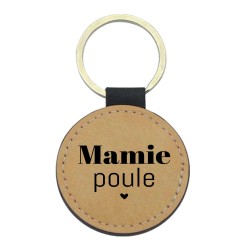 Porte-clés cuir végan marron - Cadeau - Imprimé en France - citation Mamie poule