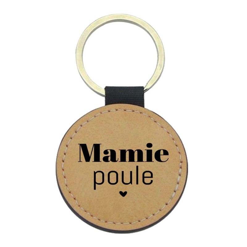 Porte-clés cuir végan marron - Cadeau - Imprimé en France - citation Mamie poule