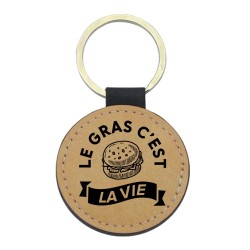 Porte-clés cuir végan marron - Cadeau - Imprimé en France - citation Le gras c'est la vie