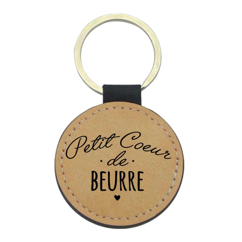 Porte-clés cuir végan marron - Cadeau - Imprimé en France - citation Petit coeur de beurre