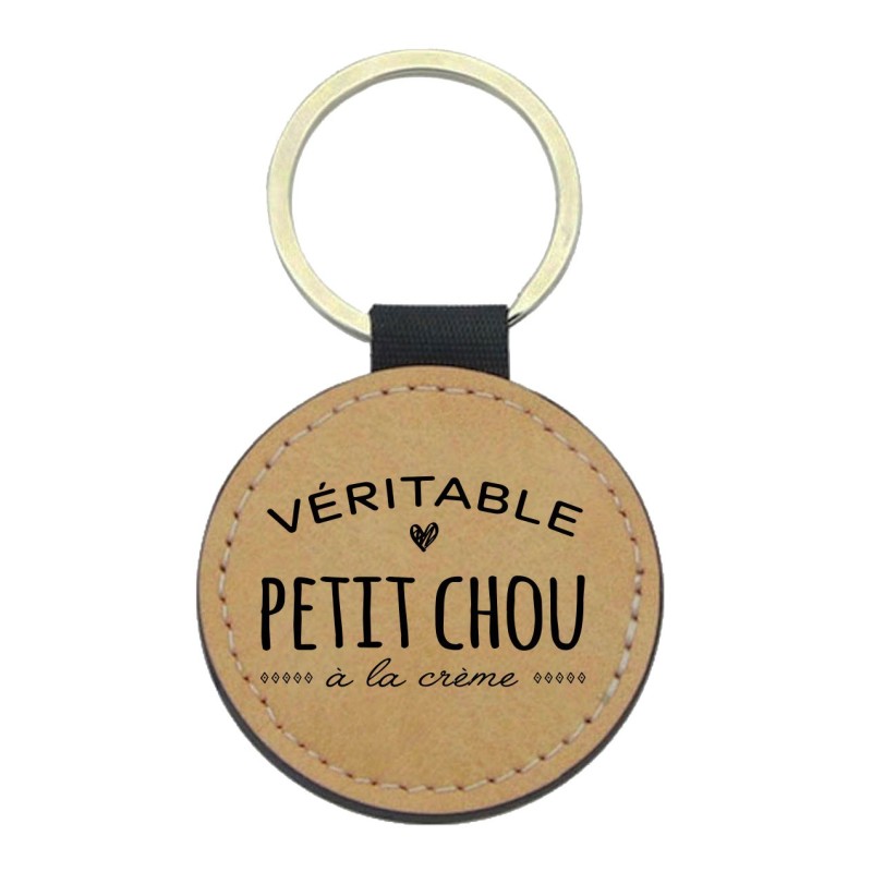 Porte-clés cuir végan marron - Cadeau - Imprimé en France - citation véritable Petit chou a la crème
