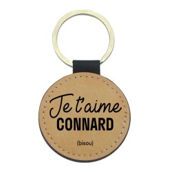 Porte-clés cuir végan marron - Cadeau - Imprimé en France - citation Je t'aime connard