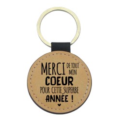 Porte-clés cuir végan marron - Cadeau - Imprimé en France - citation Merci pour cette superbe année