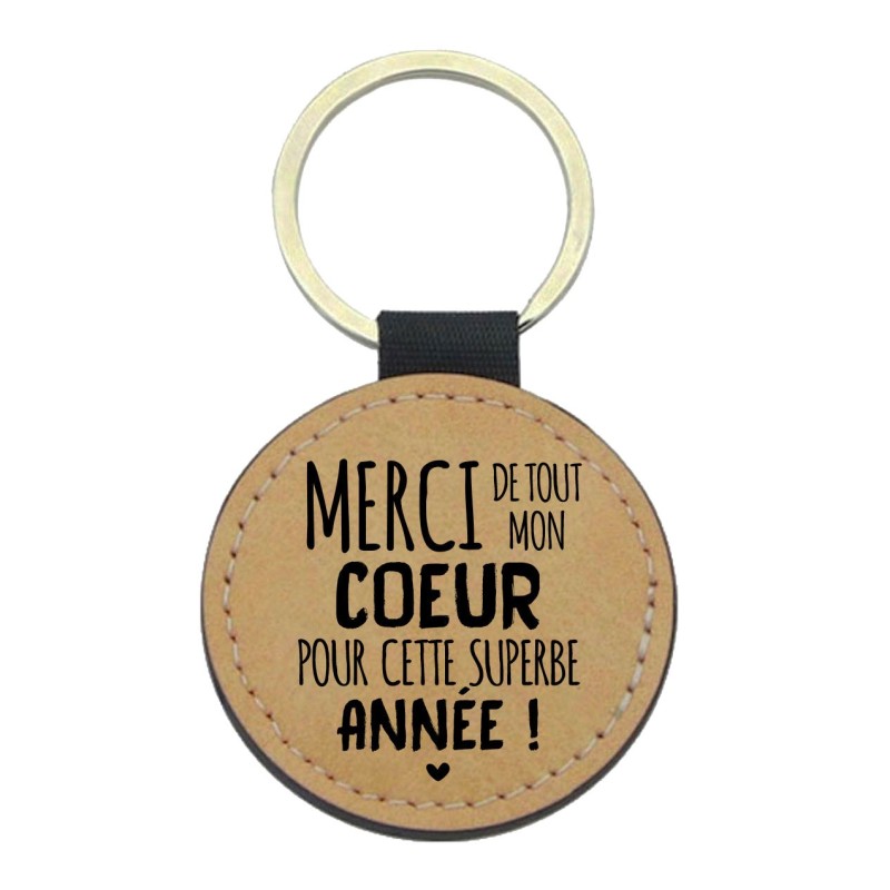 Porte-clés cuir végan marron - Cadeau - Imprimé en France - citation Merci pour cette superbe année