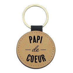 Porte-clés cuir végan marron - Cadeau - Imprimé en France - citation Papi de coeur
