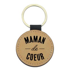 Porte-clés cuir végan marron - Cadeau - Imprimé en France - citation Maman de coeur