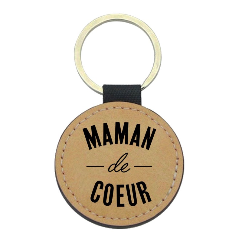 Porte-clés cuir végan marron - Cadeau - Imprimé en France - citation Maman de coeur
