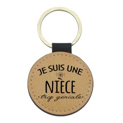 Porte-clefs cuir végan marron imprimé Je suis une niece trop géniale