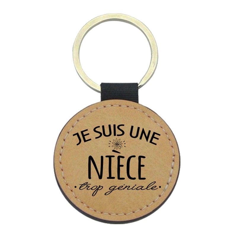 Porte-clefs cuir végan marron imprimé Je suis une niece trop géniale