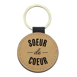 Porte-clefs cuir végan marron imprimé Soeur de coeur