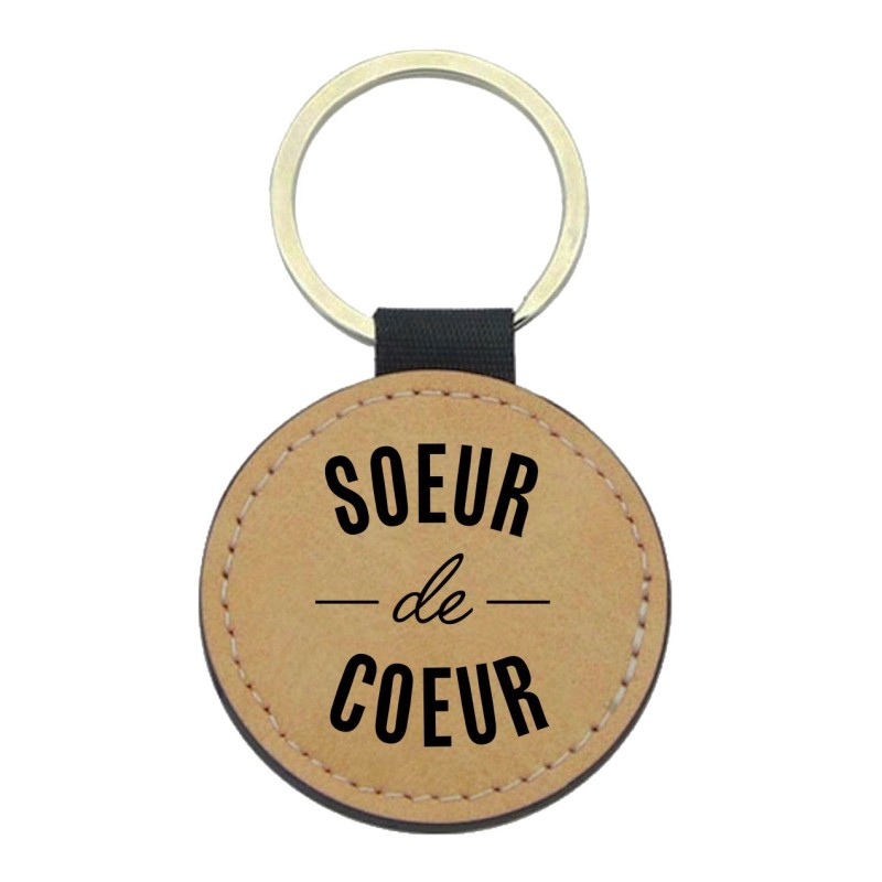 Porte-clefs cuir végan marron imprimé Soeur de coeur